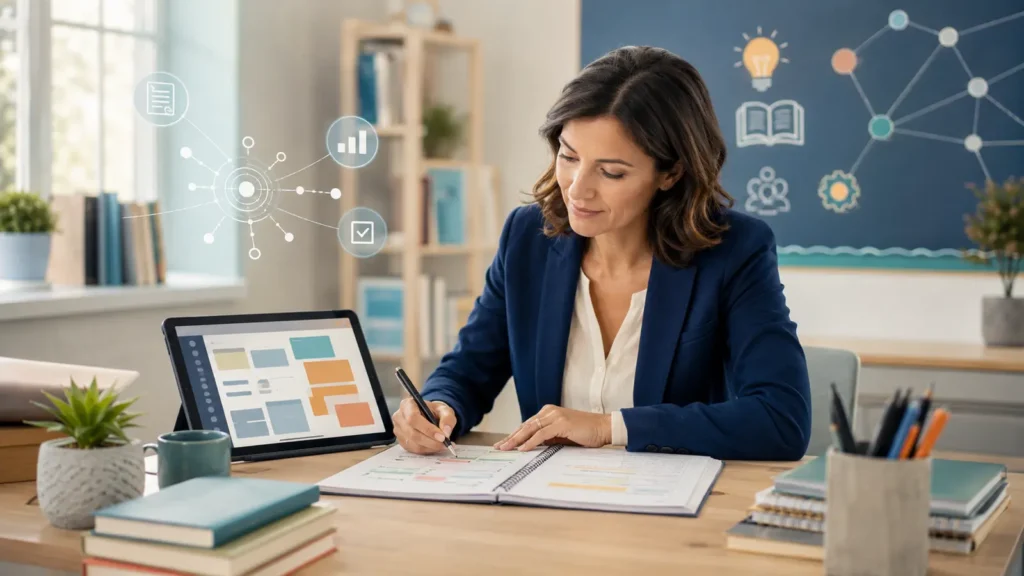 Teacher using AI lesson planning tools to review a classroom lesson plan