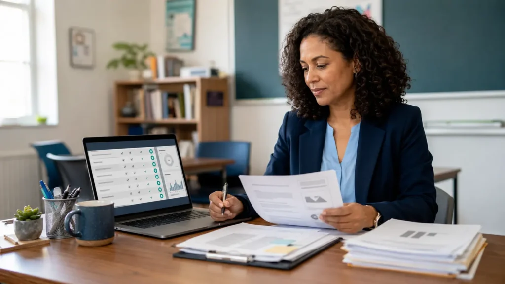 Teacher reviewing student work with an AI-assisted grading dashboard