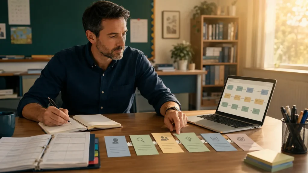Teacher organizing a lesson plan with ChatGPT-assisted planning ideas
