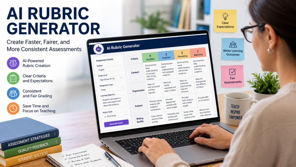 Teacher using an AI rubric generator to create fair assessment criteria