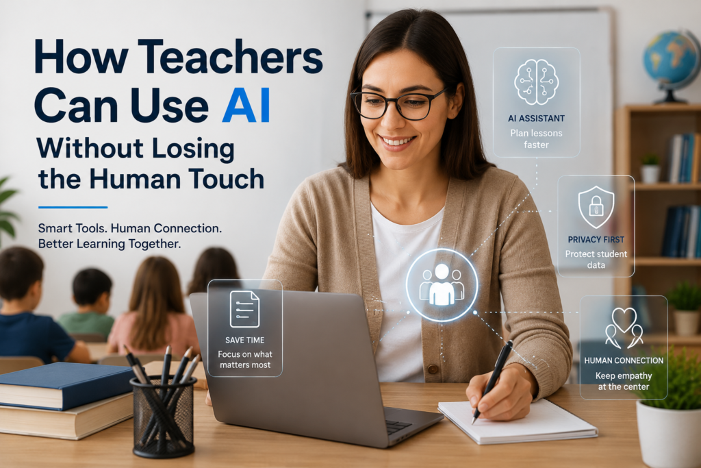 Teacher supporting students while using AI as a classroom assistant