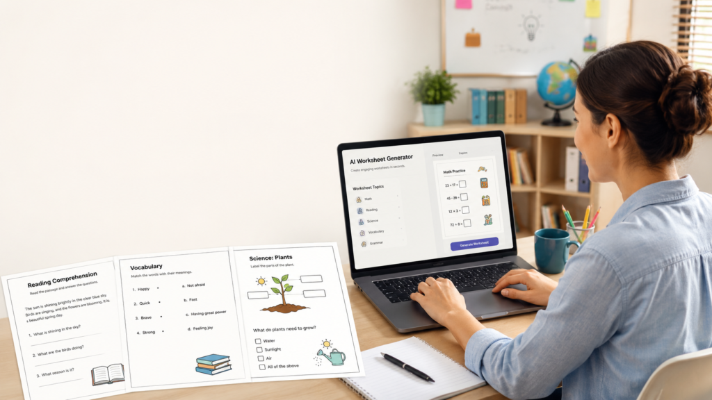 Teacher using an AI worksheet generator to create classroom worksheets