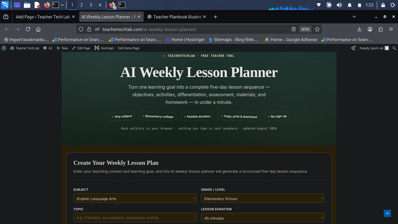 AI weekly lesson planner tool showing a generated 5-day lesson plan
